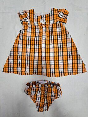 2 Piece Clemson 2T Toddler Dress/Bloomers Orange/Navy Plaid Embroidered  EUC.